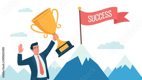 A triumphant businessman celebrating success on top of a mountain with a trophy and flag