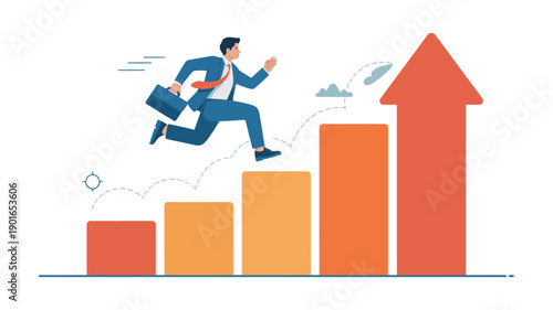 A businessman in a blue suit jumps over a bar graph with an upward trend, symbolizing career growth and success.