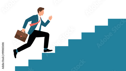 A determined businessman in a blue suit is running up a staircase with a briefcase in hand, symbolizing career advancement and success.