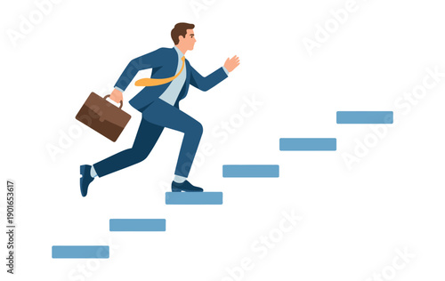 A determined businessman in a blue suit is running up a staircase of blue steps, symbolizing career advancement and success.