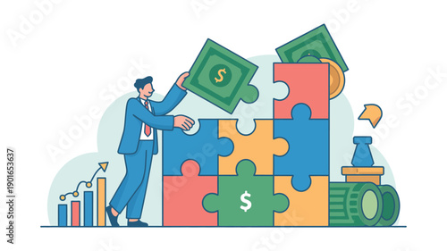 A businessman builds a financial puzzle with money pieces and graphs
