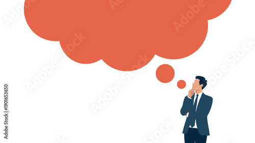 A businessman in a suit thinks deeply with a large thought bubble above his head.