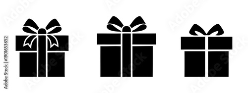 Versatile black silhouette gift box icons with festive bows for celebrations and commercial promotions