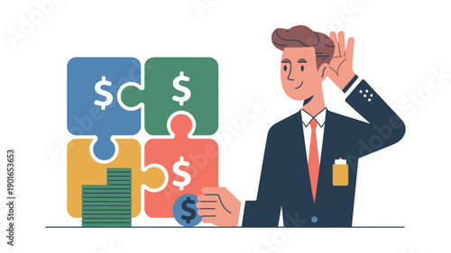 A smiling businessman in a suit holding a puzzle piece with a dollar sign, representing financial success and strategy.