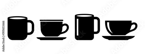 A diverse collection of coffee mugs and teacups, showcasing various drinkware silhouettes for hot beverages