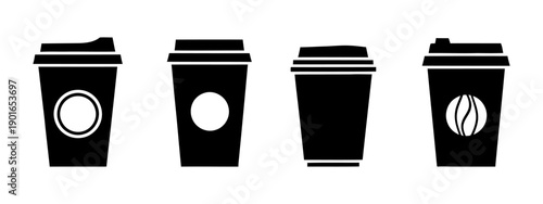 Versatile collection of black silhouette disposable coffee cup icons suitable for hot beverage packaging designs
