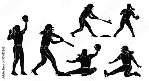 Silhouettes of female softball players in various dynamic poses.