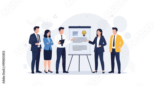 Business Team Discussing Idea Presentation on Whiteboard