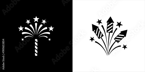 Firework icons on black and white backgrounds for festive celebrations