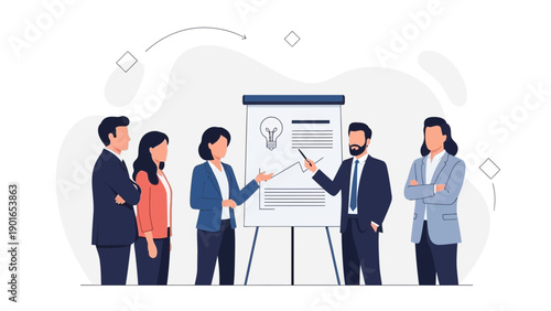 Business meeting with presentation board, team collaboration, brainstorming, strategy