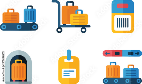 Airport and Travel Icon Set with Luggage and Security Equipment Vector Illustration