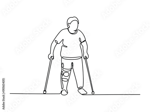 Simple Line Person Using Crutches Standing Front View disability mobility aid