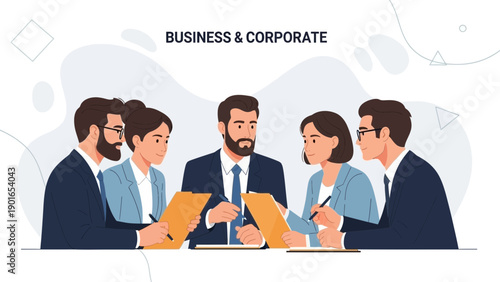 Diverse business team collaborating in a modern office meeting, discussing strategy.