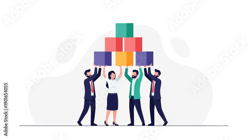 Teamwork building success, holding up colorful blocks pyramid, business concept