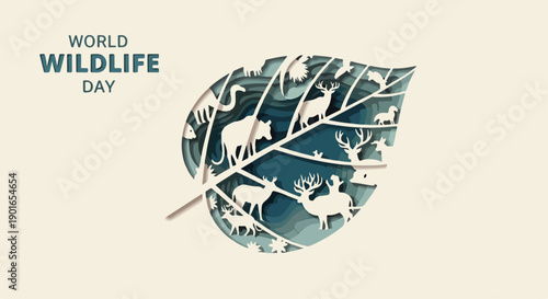 Graphic illustration of various animals silhouetted on a large leaf for World Wildlife Day with a nature-inspired design on a beige background.