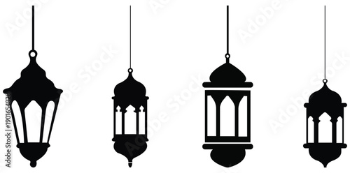 Intricate Lanterns Silhouettes: Four elegant, ornamental lanterns, each with a unique design, hang suspended against the backdrop.