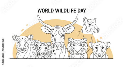 Illustration of various animals including a lion, bear, and cow in black and white against a yellow circle on World Wildlife Day with a flat design style.