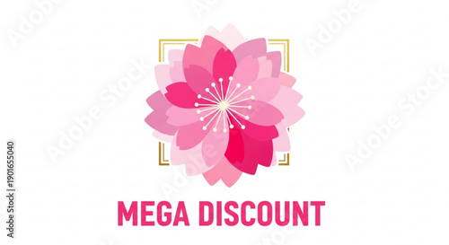 Mega discount floral logo with pink cherry blossom and gold frame on white background