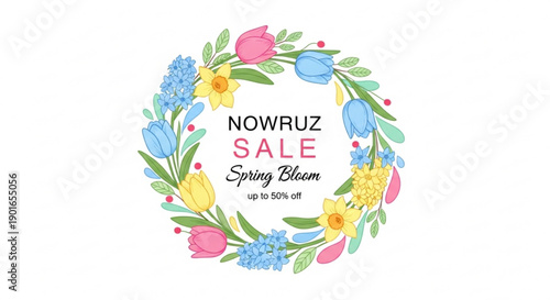 Colorful floral wreath with nowruz sale spring bloom text for seasonal promotions and discounts