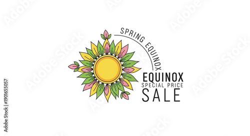 Vibrant spring equinox sale logo with floral sun design and special offer