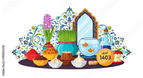 Traditional nowruz haft seen table setting with mirror fish bowl and symbolic items on decorative background