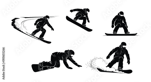 Snowboarder silhouettes in various dynamic positions and actions.