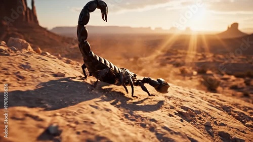 Wallpaper Mural Scorpion walks across rocky desert terrain at sunset with sun rays. Torontodigital.ca