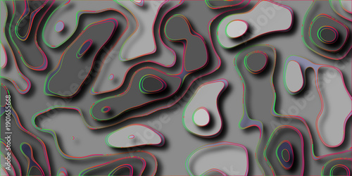 Abstract topographic map inspired background with layered contour lines in shades of gray, highlighted with neon pink and green outlines, creating a vibrant, futuristic, and dimensional visual effect