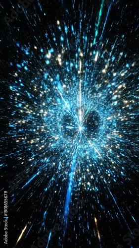 Abstract vortex of blue and gold light against a black backdrop, radiating from a bright core