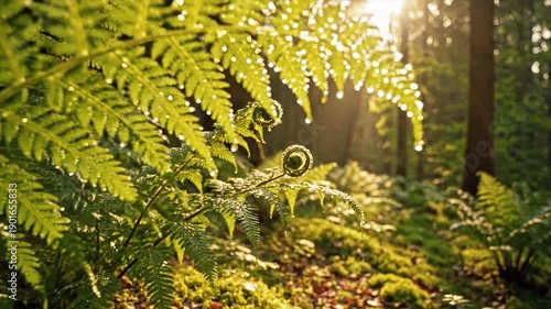 Wallpaper Mural Sunlight filtering through forest canopy illuminating lush green ferns. Torontodigital.ca