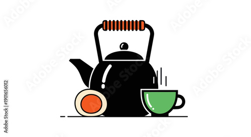 Black kettle cup and egg illustration