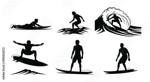 Collection of surfers in various poses on surfboards riding waves.