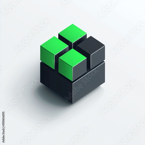 Abstract geometric design with green and black cubes on white background
