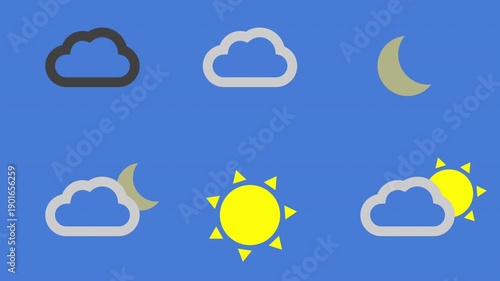 weather map symbols, animated loops, sun, moon, cloud, graphic symbol icon construction kit, blue then black background