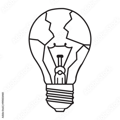 Broken Idea Icon: A stark monochrome illustration of a shattered light bulb symbolizes a creative block or broken idea, Perfect for representing failures and obstacles