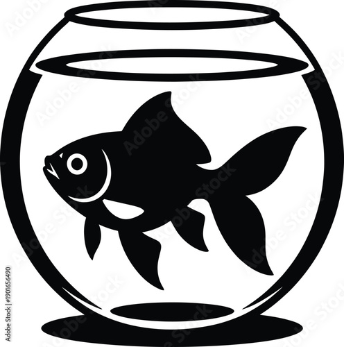 Black silhouette of a goldfish swimming in a round fishbowl