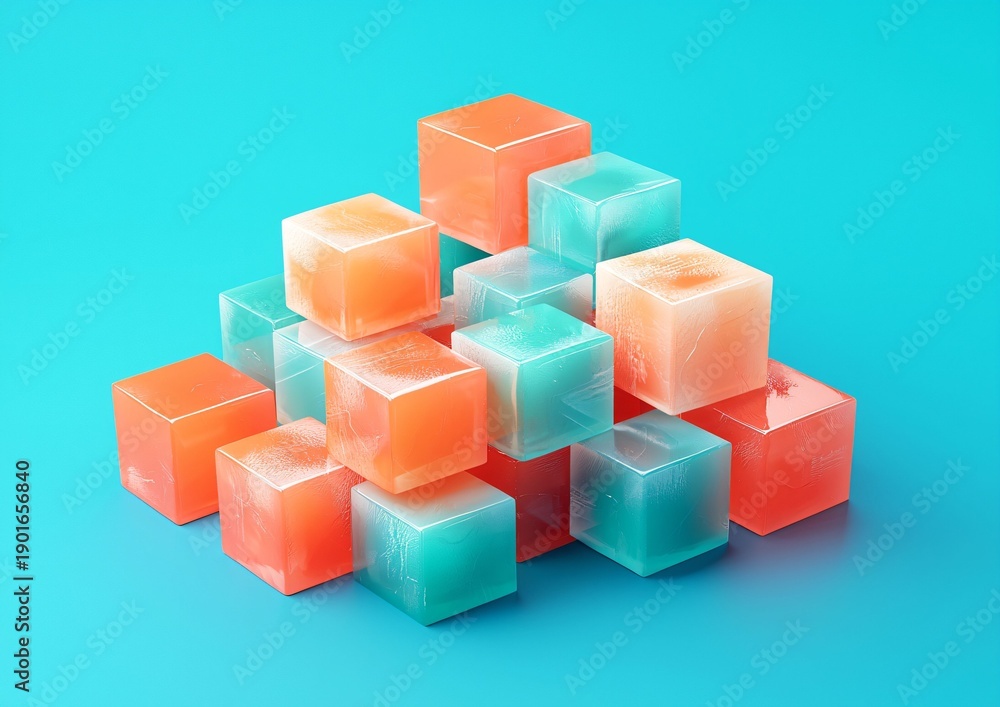 Obraz premium Colorful Transparent Cubes Stacked on Bright Solid Background