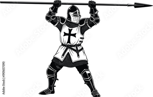 Medieval knight warrior holding spear, crusader soldier in armor pose, vintage battle illustration, historical fighter graphic, black and white design