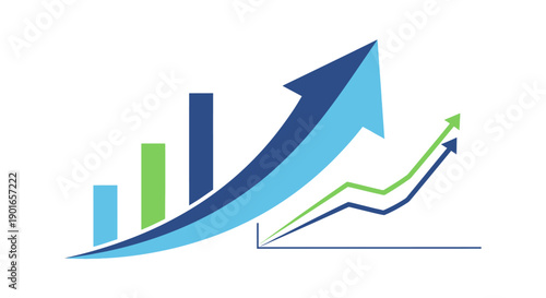A 3d business bar chart on a white background showing a red arrow for financial growth and market success as profit data continues to rise and progress up