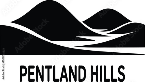 Black silhouette of hills and river landscape with pentland hills text