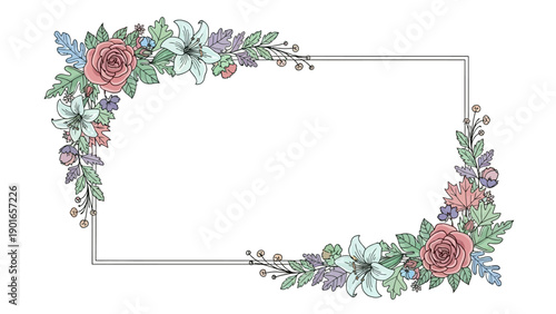 Elegant floral frame with red roses and green leaves creates a festive Christmas border featuring holly berries and nature branches for a holiday card wreath illustration
