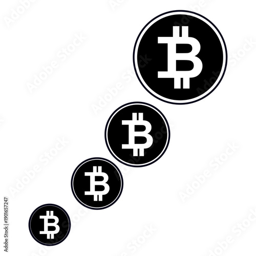 Black circular Bitcoin growth vector icon with diagonal arrangement of four increasing ₿ symbols representing cryptocurrency rise finance blockchain digital asset