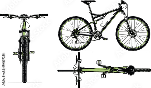 Mountain bike technical illustration, detailed bicycle drawing, side front top views, professional MTB design, suspension frame, cycling equipment graphic