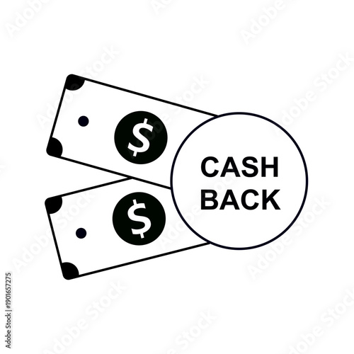 Black and white cash back vector icon with dollar bills and circular cashback label for finance rewards promotion retail shopping credit card incentive design