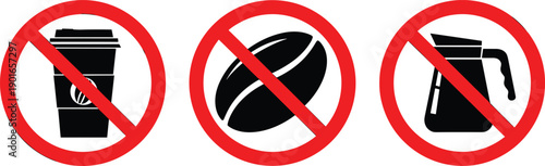 No coffee symbols showing prohibited caffeine items including cup, bean, and pot icons with red warning signs for health, restriction concepts