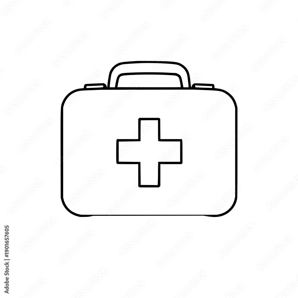 Obraz premium Minimalist first aid kit pictogram in bold lines, medical emergency icon set on white background for healthcare branding and emergency signage design
