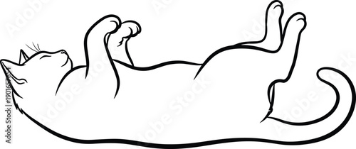 Relaxed cat lying on back in playful pose, cute feline illustration, adorable pet behavior, simple line art design for stock images