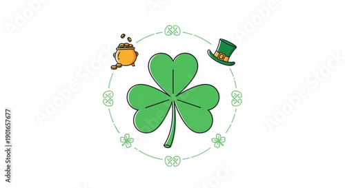 St patrick's day shamrock with pot of gold leprechaun hat and clover wreath on white background
