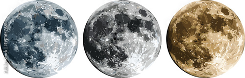 Realistic moon illustration set showing detailed lunar textures in blue, gray and gold variations for space design, astronomy artwork and celestial concepts