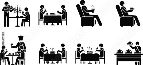 Restaurant dining icons showing food service, waiter serving meals, people eating, fine dining, café seating, hospitality symbols, food delivery and relaxation.